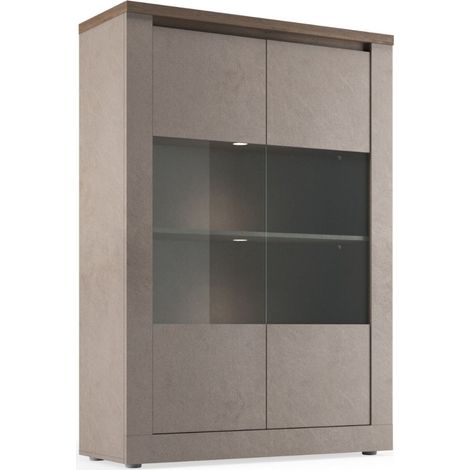 Vitrina SASHA – 2 puertas con 3 estantes y LED – Bronce y tapa de madera Mercurio