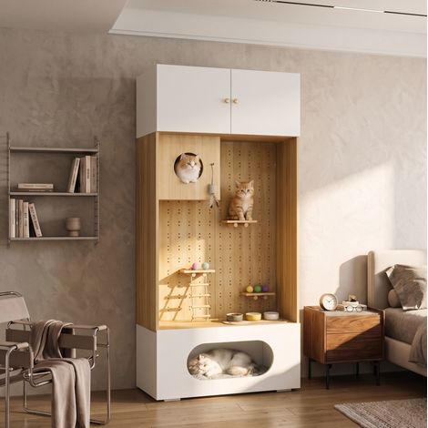 MODFU – Armario para gato 90x50x200 cm de aglomerado con muro de escalada, nicho, cama, almacenamiento y carga – Blanco/madera (1/5)