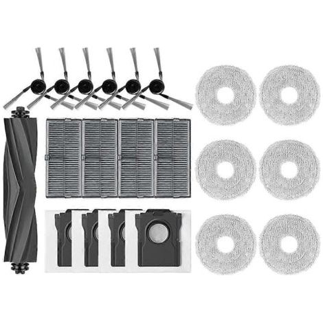 Pièces détachées pour aspirateurs robots Mova P50 Pro Ultra et Mova P10 Pro Ultra : brosse latérale principale, filtre HEPA, lingette de nettoyage et sacs à poussière.