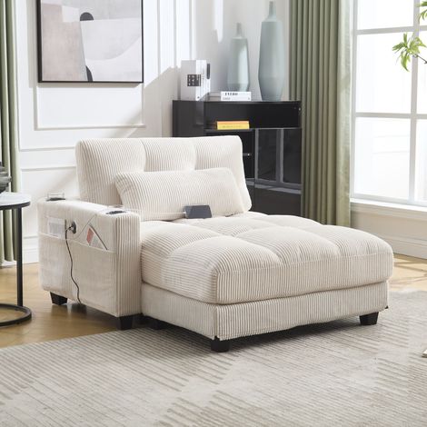 Fauteuil Lounge avec USB et Porte-Gobelets, Accoudoirs Réversibles, Coussin, Appui-Tête, en Velours Côtelé Beige