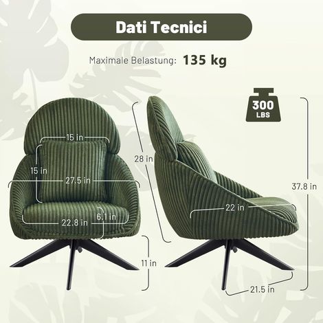 Loungesessel 360° drehbar mit Armlehnen, Polsterstuhl mit Kissen, Grün (1/5)