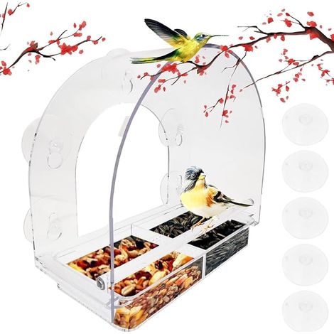 Bird Feeder Window Plastic PC with Suction Cup Removable Tray Drainage Holes Outdoor Garden 24.5 x 11 x 22.3 cm Transparent Round (1/4)