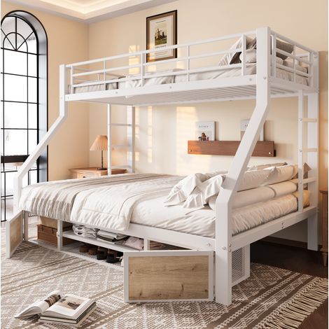 Litera infantil de metal y MDF blanca 90x200/140x200 cm con zapatero, estantes, escalera y barandillas (1/5)