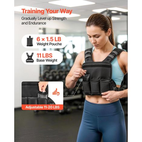 Gilet lesté réglable 5 à 9,1 kg, veste de poids avec 6 packs de poids en granulés de fer et bande réfléchissante pour hommes et femmes, équipement d'entraînement pour musculation, course à pied (1/5)