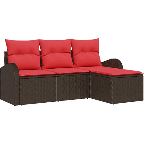 Sofa Set with Cushion 4 pcs Brown and Red Poly Rattan vidaXL