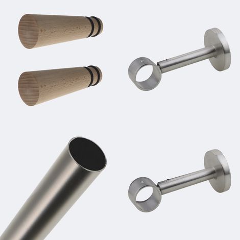 Kit de tringle à rideaux Nickel Mat 200cm Diam.28mm Embout Cone Bois - Fixation Mur - Boulet (1/3)