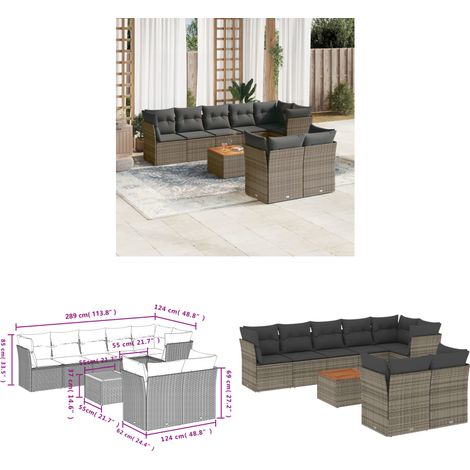 9-tlg. Garten-Sofagarnitur mit Kissen Grau Poly Rattan - Gartenmöbel - Outdoor Möbel - Rattan Gartenmöbel - Lounge Set - Esstisch - Home & Living (1/3)