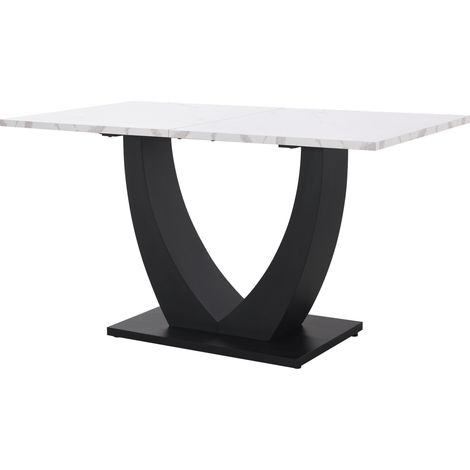 MODFU – Tavolo da pranzo 140x75 cm in MDF/metallo con piano effetto marmo, supporto a U, piedini regolabili e carico 60 kg – Bianco/nero (1/5)