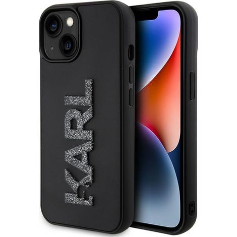 Custodia rigida nera/nera Karl Lagerfeld KLHCP15S3DMBKCK per iPhone 15/14/13 da 6,1" con logo glitterato 3D in gomma. (1/5)