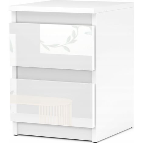 Table de chevet blanche brillante 30 cm – 2 tiroirs – Panneau stratifié – Finition brillante – Montage facile (1/5)