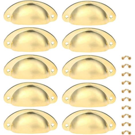 Tiradores de hierro con forma de concha dorada estilo vintage, 10 piezas con tornillos para armarios/cajones, dimensiones 82 x 35 mm (1/4)