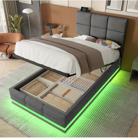 Polsterbett 90/200 cm dunkelgrau aus Samt mit LED, USB und Stauraum (1/5)