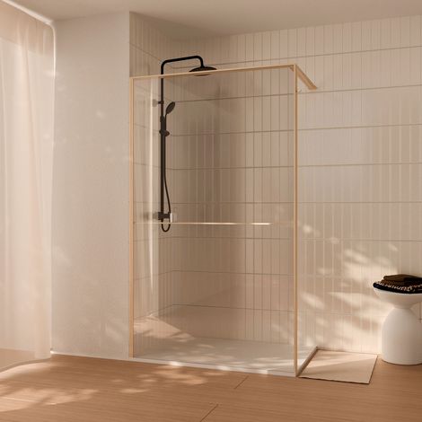 paroi de douche 120x200cm - cadre et étagère finition chêne clair - verre 8mm anticalcaire - ethan (1/5)