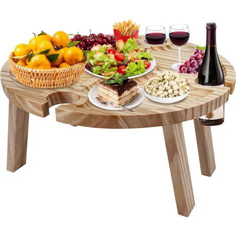 Tavolo da picnic pieghevole in legno: tavolo da picnic portatile con portabicchieri da vino rosso, tavolo da giardino rotondo in legno, tavolo da picnic per champagne, per picnic