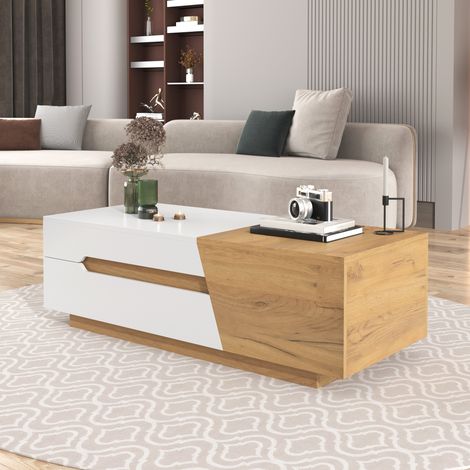 Table basse relevable 120x50x37.5 cm blanc et bois naturel en MDF avec rangement coulissant et tiroirs (1/5)