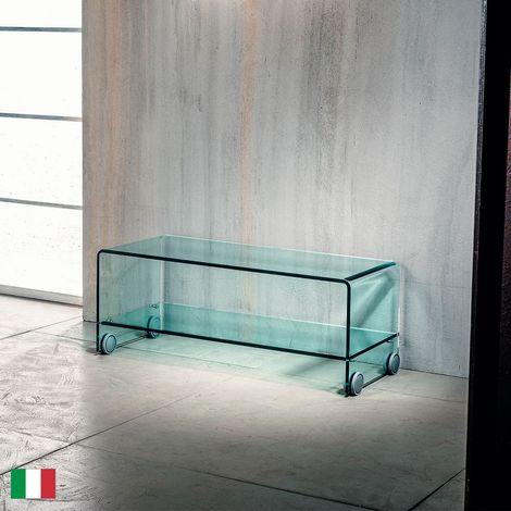 Porta TV Vetro Curvato Trasparente c/ruote e ripiano L 100 Made in Italy - Tube & Wheels (1/4)