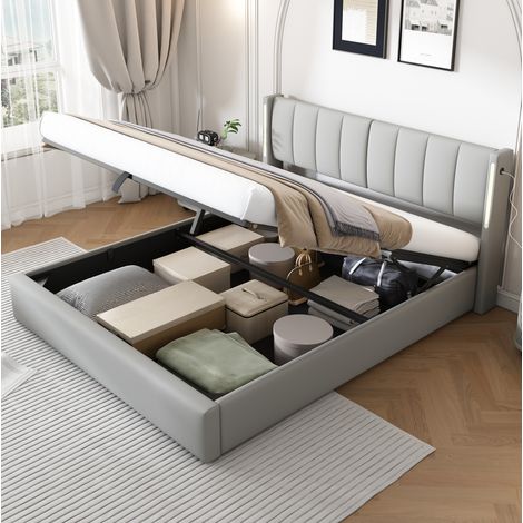 Letto a cassone 180x200 cm con LED, porte USB e Type-C e base in ecopelle, grigio, senza materasso (1/5)