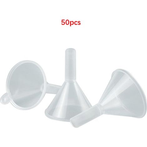 Lot de 50 mini entonnoirs pour parfum et liquides, petits outils de remplissage et de dosage, en plastique, transparents et blancs (1/5)