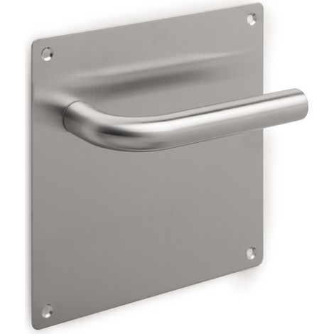 Emuca Juego de manillas con placa de 17x17 cm para puertas de interior, forma en L, Acero inoxidable, Níquel satinado