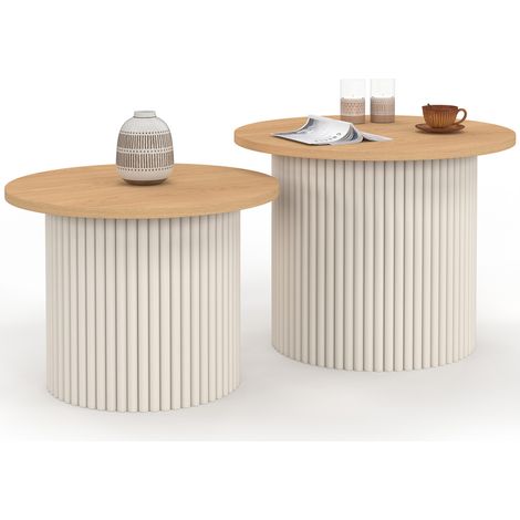 Idmarket – Lot de 2 tables basses gigognes rondes 40/45 cm – Effet cannelé beige – Plateau en bois MDF – Design moderne et élégant (1/5)