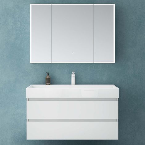Mai & Mai Armoire de Toilette avec Éclairage LED Armoire Suspendue de Salle de Bain avec Miroir Armoire Miroir Mural 100x15x70 cm Blanc Mat SpiegelSR-04 (1/5)