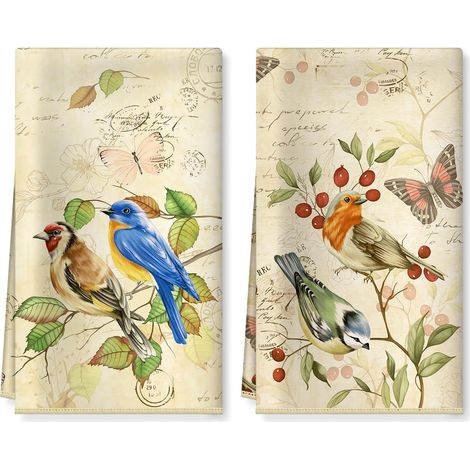 Torchons De Cuisine Microfibre Vaisselle Lot de 2, Serviettes de Cuisine Torchon Vaisselle, Doux et Super Absorbant Accroche Très Serviettes de Bar 40 x 60CM Oiseau Rétro (1/5)