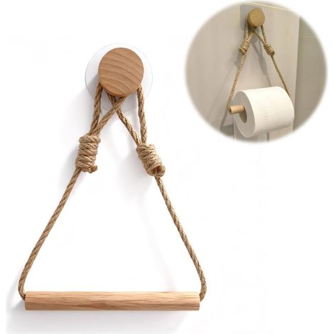 Porte-Rouleau De Papier Toilette Auto-adhésif en Corde De Jute Et Bois, Décoration Bohème Antique Et Industrielle, Mural Multifonctionnel pour Salle De Bain, Accessoires Stylés Et Pratiques (1/5)