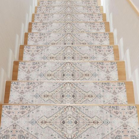 15PCS Tapis Escalier Antidérapant 76x20cm Vintage Tapis de Marchettes d'Escalier Lavable Tapis d'Escalier Intérieur Para Animaux de Compagnie des Enfants Beige (1/5)