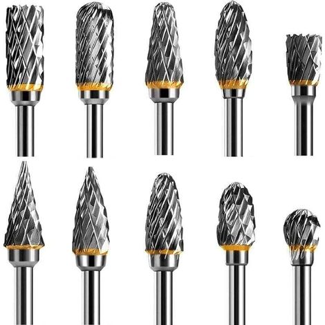 YMYNY 10-teiliges Rotationsfräser-Set, Wolframkarbidstahl, zweischneidige Rotationswerkzeug-Bits, 1/8-Zoll-Schaft für Rotationswerkzeug, DIY, Holzschnitzerei, Metallpolieren, Gravieren, Bohren (1/4)