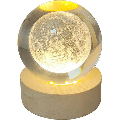 Lampe boule de cristal lune 3D 1,5 W alimentée par USB, lumière chaude 3000 K, ambiance romantique, veilleuse décorative en verre pour la maison ou une chambre d'étudiant (1/5)