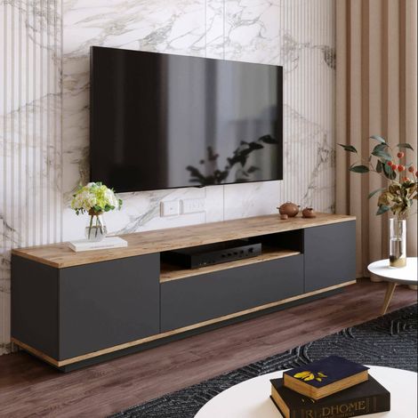 Dmora - Mueble de televisión Dpierott, Aparador de salón, Mueble bajo para TV, Base de pared equipada, 180x45h45 cm, Roble y Antracita (1/5)