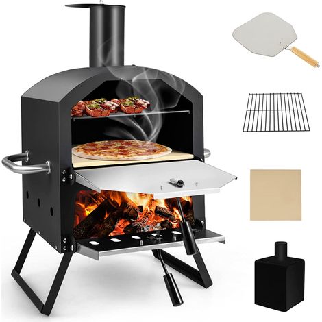 COSTWAY Horno de Pizza 2 Capas, 1860 cm² área de Cocción/Horno de Jardín a Leña con Asas Anti-quemaduras, Patas Plegables, Piedra de Pizza, Cubierta Impermeable
