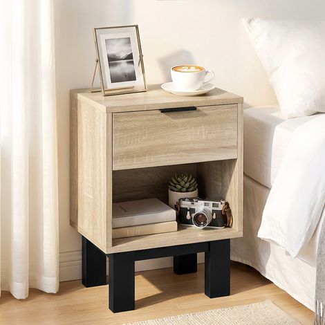 table de nuit, table de nuit avec tiroir, compartiment ouvert, table de nuit pour chambre, salon, 35 x 26 x 50 cm, chêne (1/5)