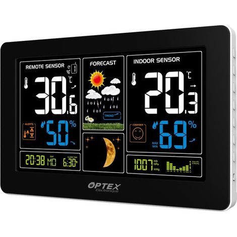 Wetterstation mit Funksteuerung, Farbdisplay, Außensensor und USB-Ladegerät – Optex