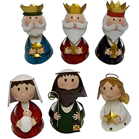 Set Natività Sacra Famiglia in Latta 6 Pezzi cm17 Maria con Bambinello Giuseppe Re Magi e Angelo presepe moderno