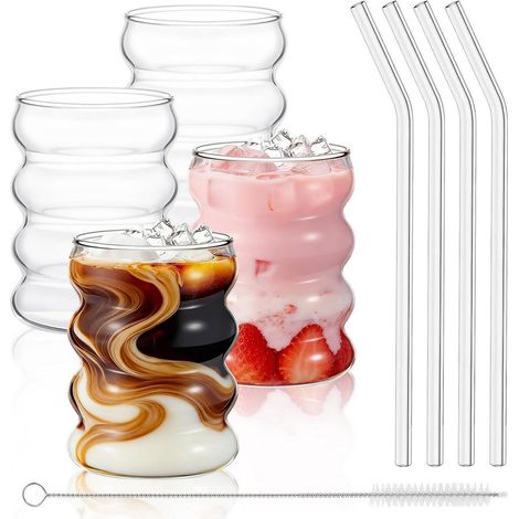 Trinkgläser Set mit Wellenmuster, 4er Kaffeegläser 320ml mit Glasstrohhalmen
