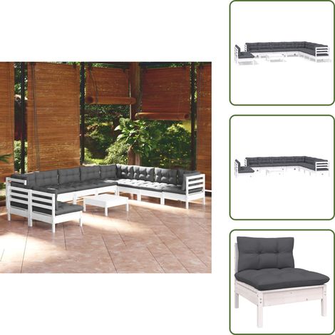 11-tlg. Garten-Lounge-Set mit Kissen Weiß Massivholz Kiefer - Gartenmöbel - Lounge Set - Outdoor Möbel - Kiefernholz - Rattan Ersatzteile