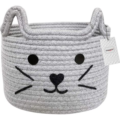 Cesta plegable de cuerda de algodón con un bonito diseño de gato, de color gris, para guardar juguetes o accesorios en la habitación de un niño. (1/5)