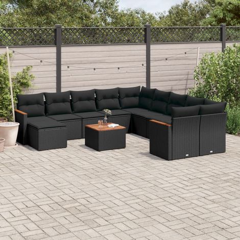 12-tlg. Garten-Sofagarnitur mit Kissen Schwarz Poly Rattan (1/3)