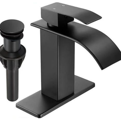 Robinet de salle de bain noir mat, robinet de lavabo moderne à poignée unique avec cascade, robinet mitigeur pour camping-car - Comprend une bonde à clapet, des flexibles d'alimentation et une plaque (1/4)