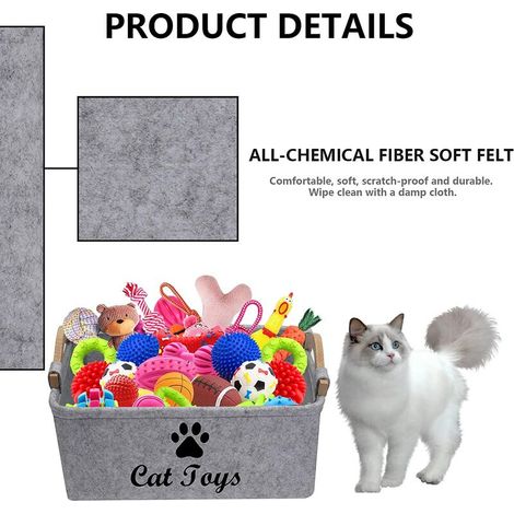 Panier de rangement pour jouets pour chats - Boîte de rangement avec poignée en bois pour les jouets, vêtements et accessoires pour chats - Gris clair - Grand 38x25x18cm - 1pc (1/4)
