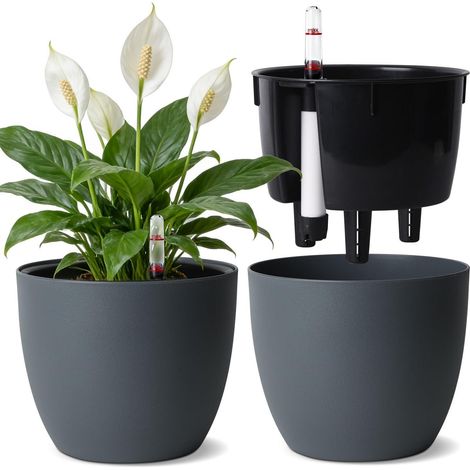 Selbstbewässerungstopf 15cm mit Wasserstandsanzeiger, Grau, für Innen & Außen (1/5)