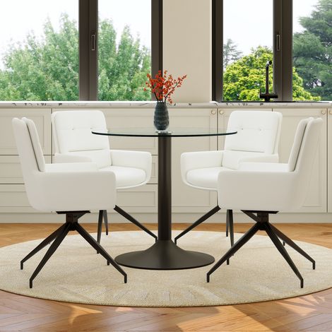 Ensemble table ronde en verre trempé + 4 chaises blanches PU pivotantes 360°, design luxueux et épuré, base noire – salle à manger (1/4)