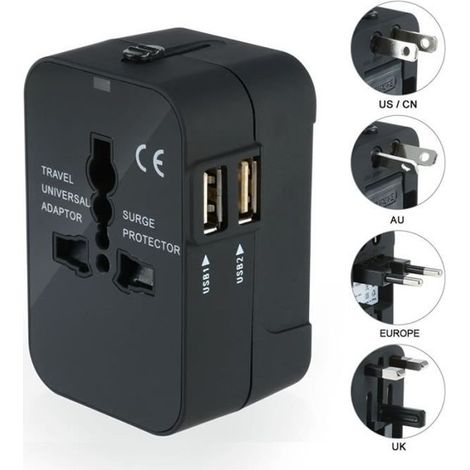 Universeller Reiseadapter/Ladegerät, US/EU/UK/AU mit 2 USB-Anschlüssen für Kameras, Mobiltelefone, Tablets, iPads, Schwarz