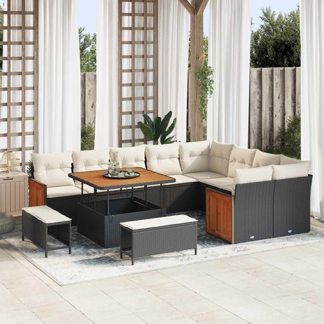 Ensemble de Canapé de Jardin en Résine Tressée avec Coussins Noir et Crème 12 pcs - PANGIVO (1/5)