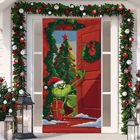Décoration de porte Grinch vert, rideau de porte suspendu, motif drapeau - 90 x 190 cm (élastique) - Style 20