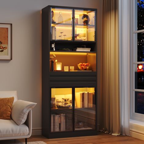Mobile vetrina soggiorno 80 x 35 x 200 cm con 4 ante in vetro 1 cassetto e luci led rgb controllate da app - credenza alta libreria moderna in mdf - nero (1/5)