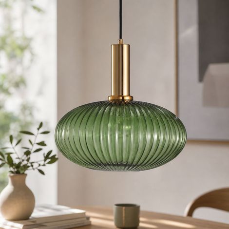 Suspension en verre côtelé vert émeraude et laiton, design minimaliste style macaron, abat-jour 30cm, culot E27 pour salon ou cuisine (1/4)