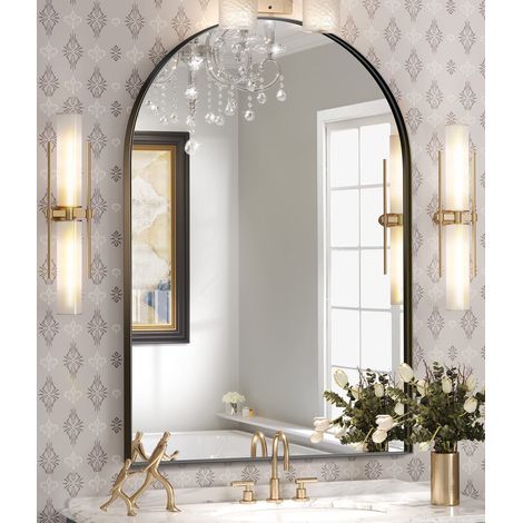 Miroir arqué, Miroir Mural arqué, Miroir arqué Noir, 61 x 91,4 cm, Cadre en métal, Miroir de Salle de Bain avec Dessus arqué pour Salon, Chambre à Coucher, cheminée, entrée, couloirs (1/5)