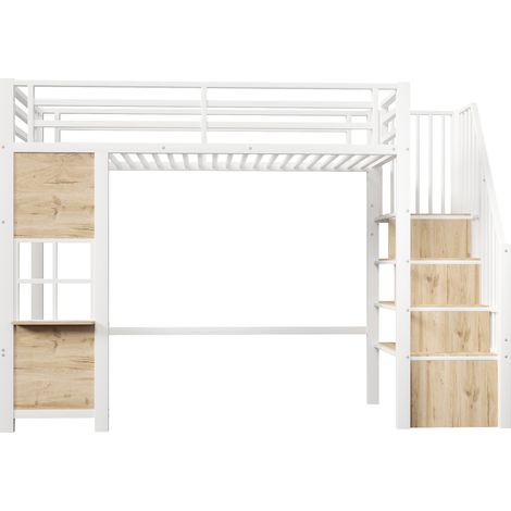 Cama alta infantil 90 x 200 cm de metal y MDF blanca con escalera de almacenaje y espacio abierto (1/5)